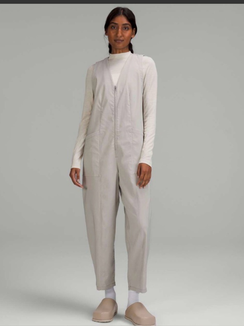 Lululemon Lab Woven Barrel Leg Jumpsuit Nano Check Antique White Riverstone 12